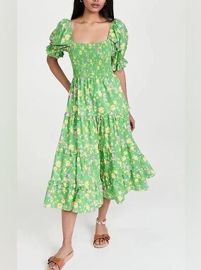 Moon River Floral Smocked Tiered Midi Dress Puff Sleeves Cottagecore Romance S